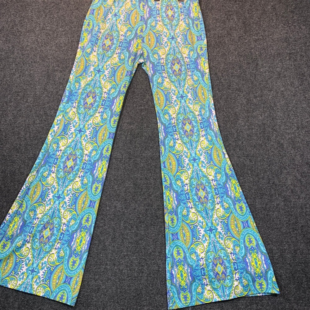 VTG Sensational 70's Paisley Flare Pants L Blue Hippie Boho Bell Psychedelic MOD